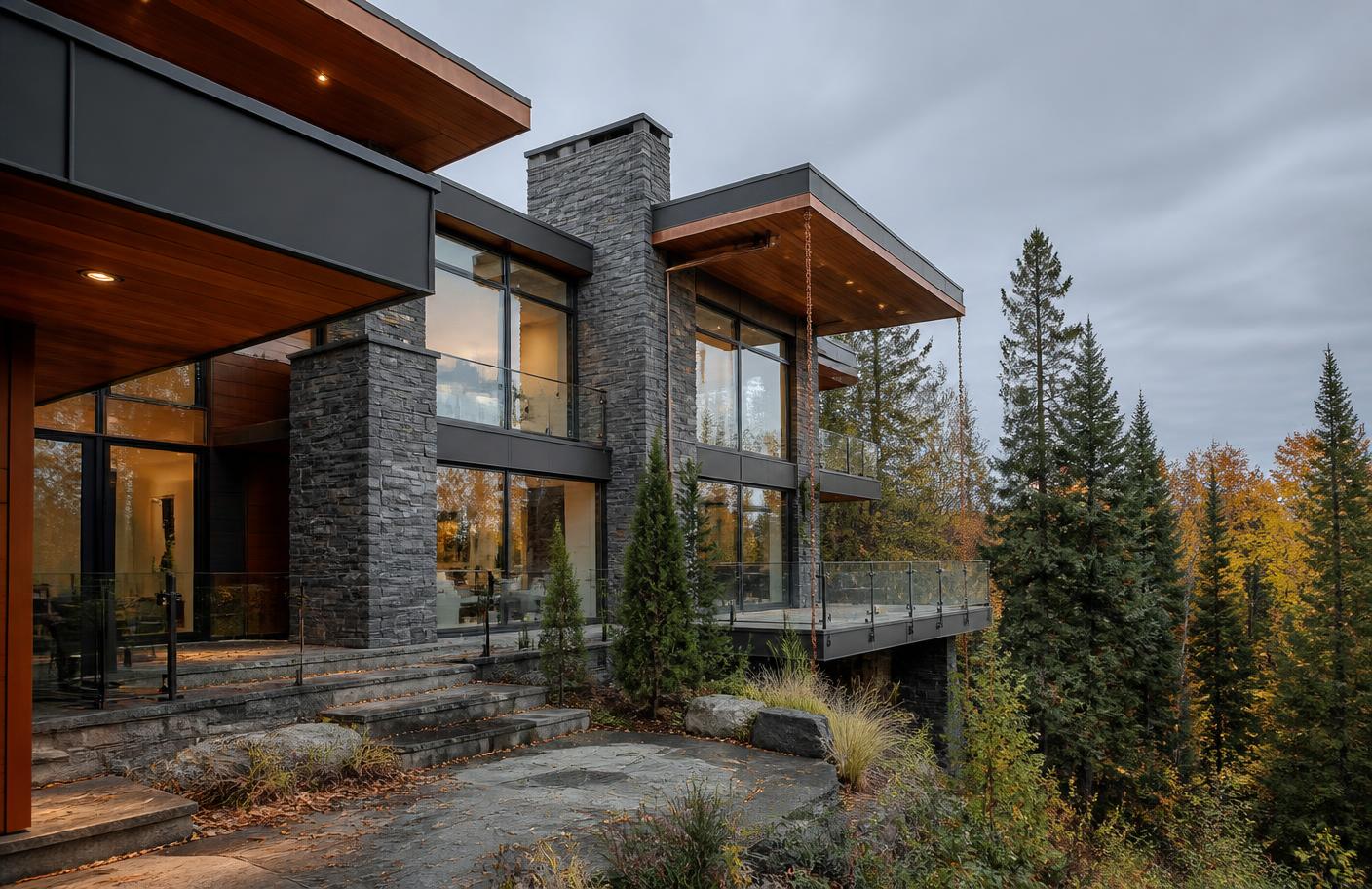 Contemporary custom home of stone, dark metal and warm wood at the edge of a wooded ravine.