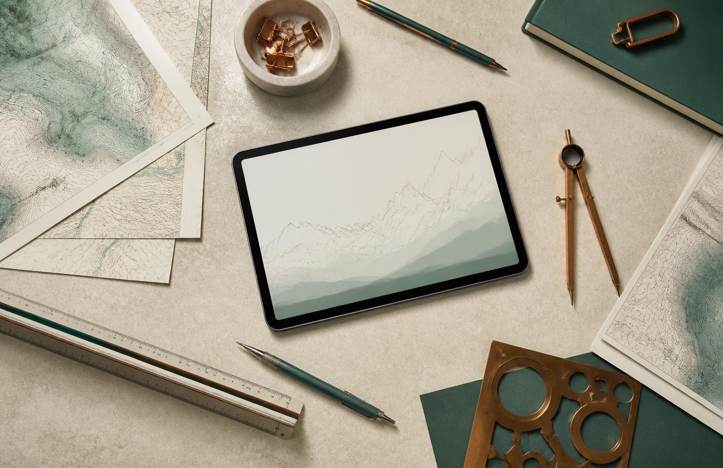 Drafting tools, topographic maps and a tablet showing a line chart on a limestone-coloured desk.